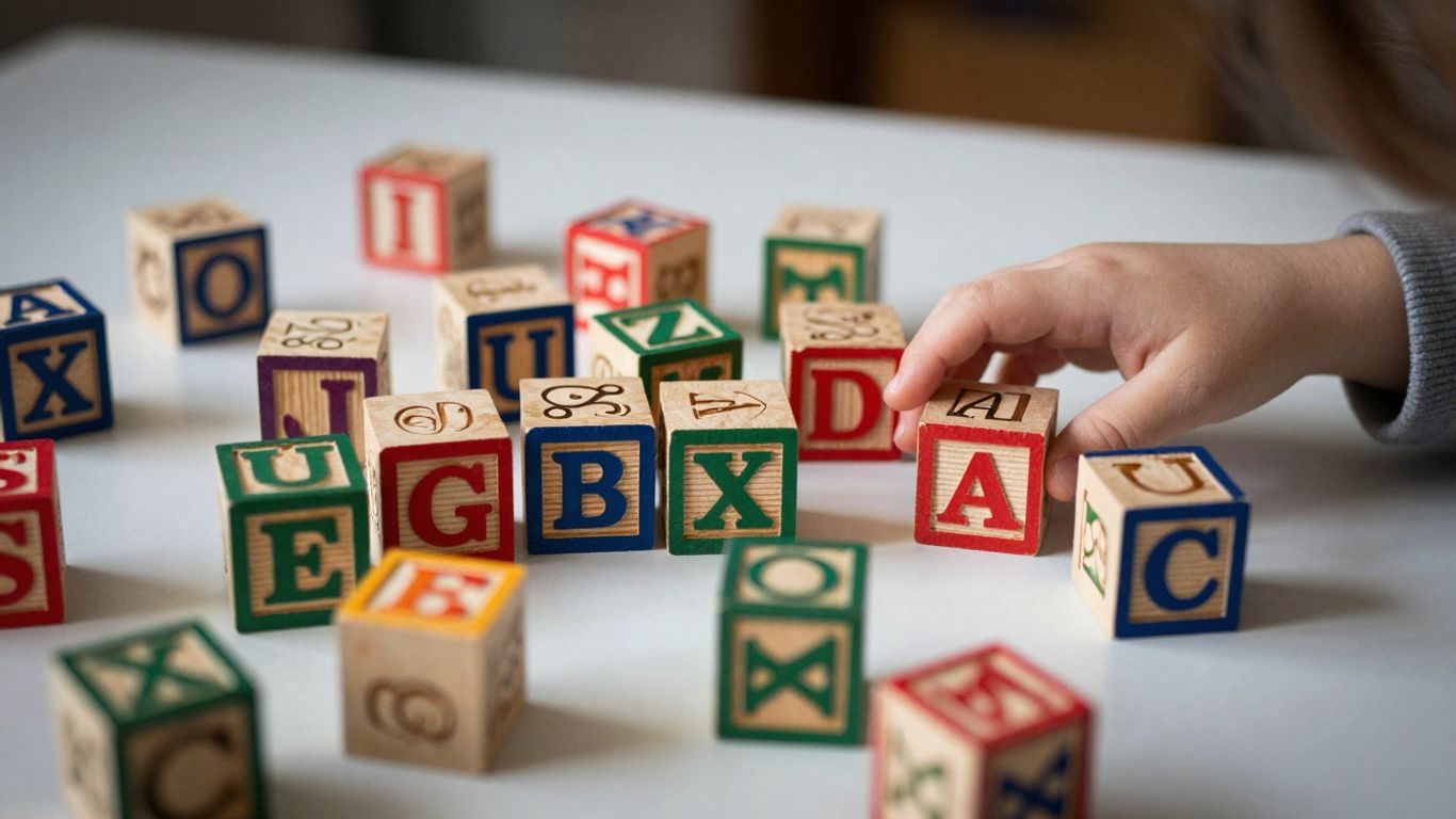 Alphabet blocks and child's hand learning letters.