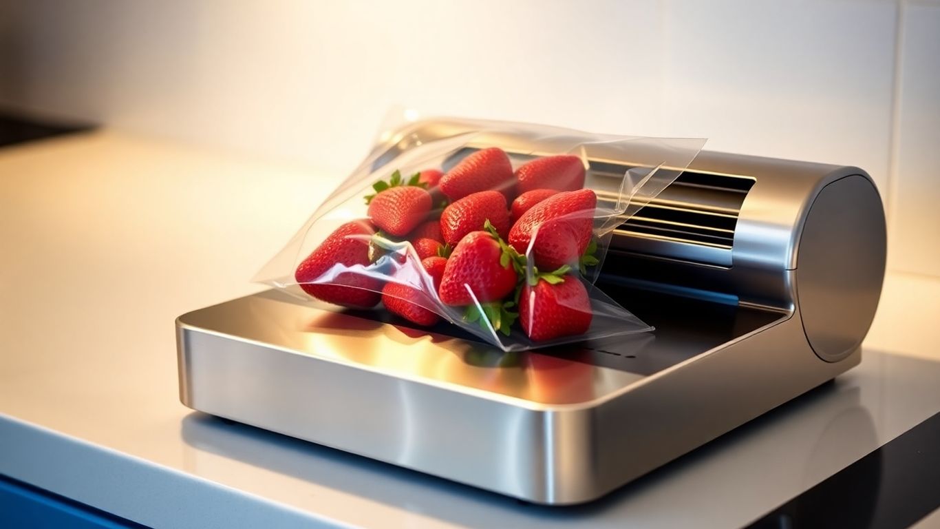 เครื่องซีลสุญญากาศกำลังซีลถุงบรรจุสตรอว์เบอร์รีสด