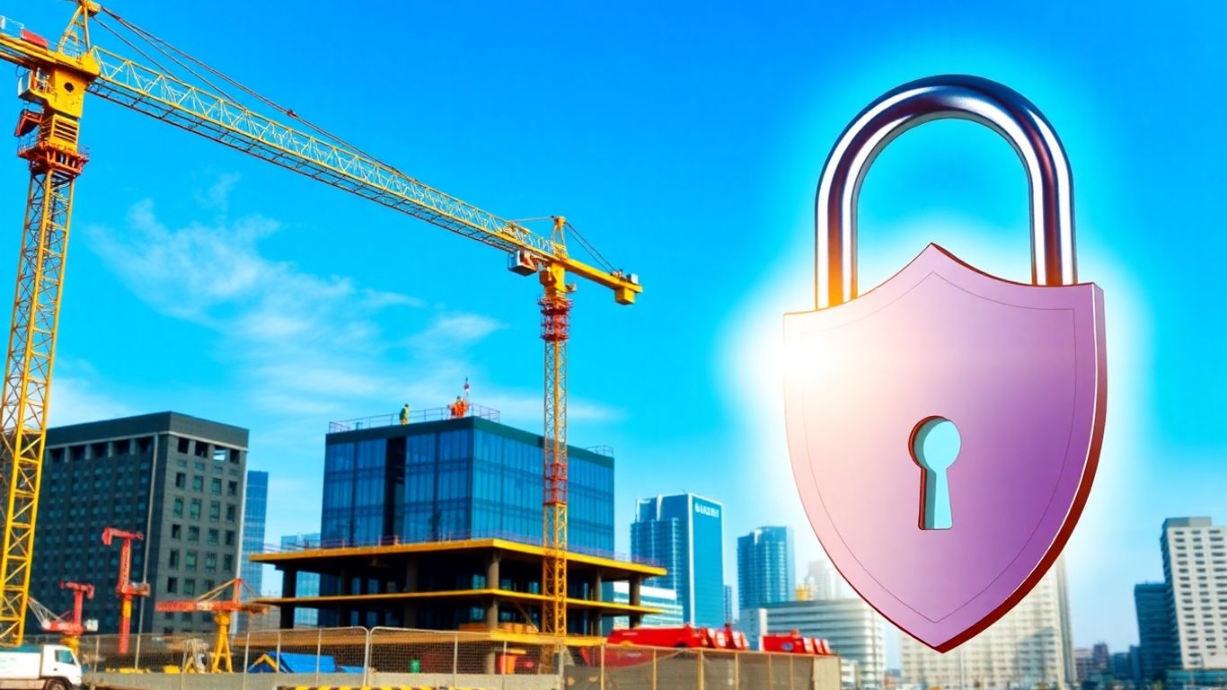 Construction site with padlock digital security overlay