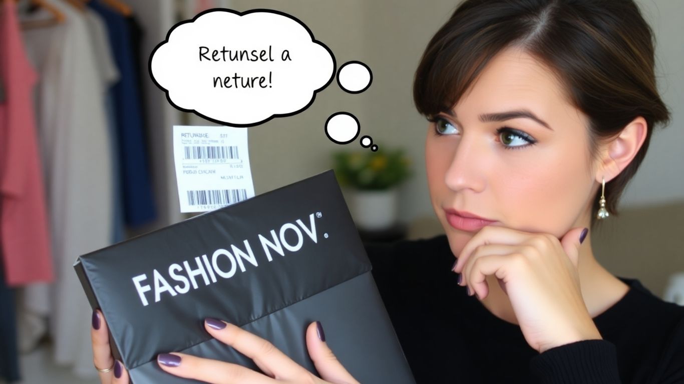 Woman considering a Fashion Nova return label with package.