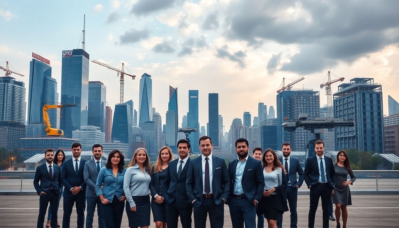 City skyline with data centers and diverse workers