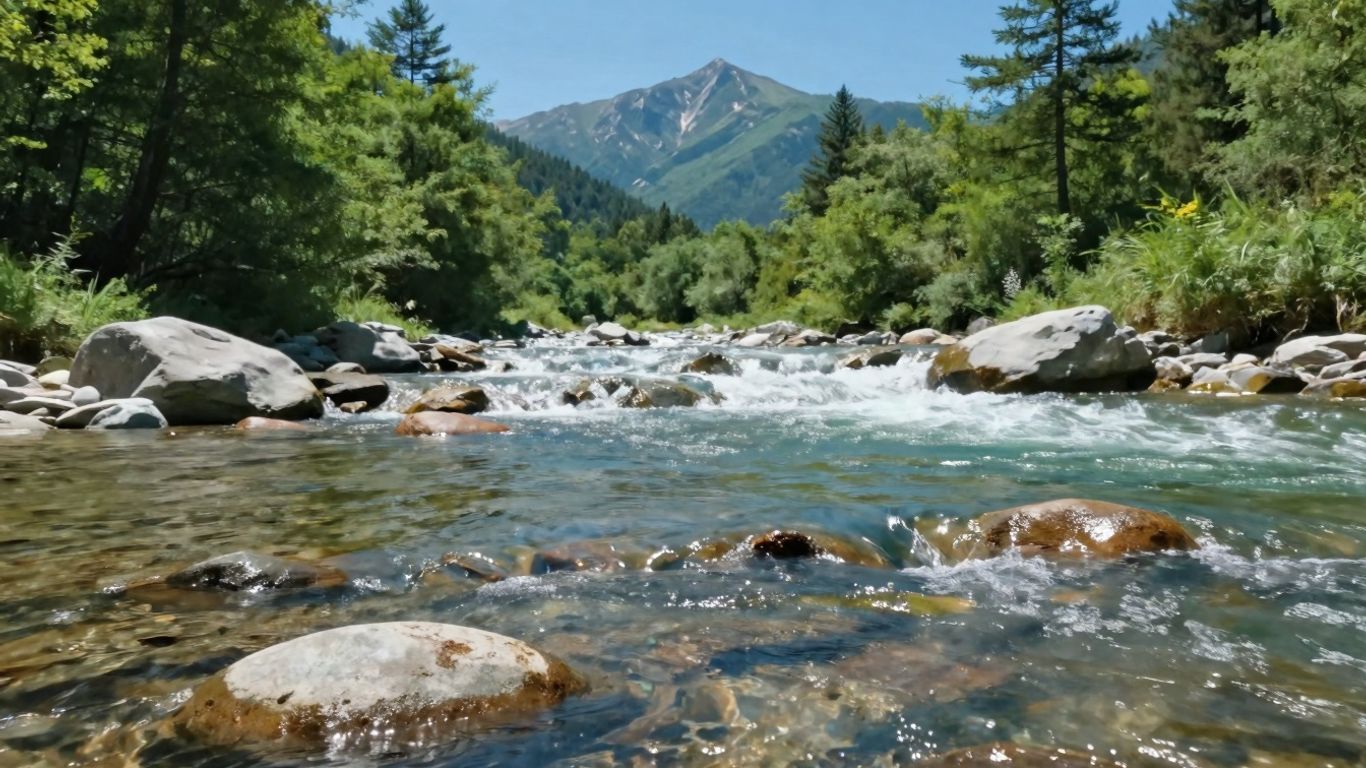 Apă curată curgând printr-o pădure verde.