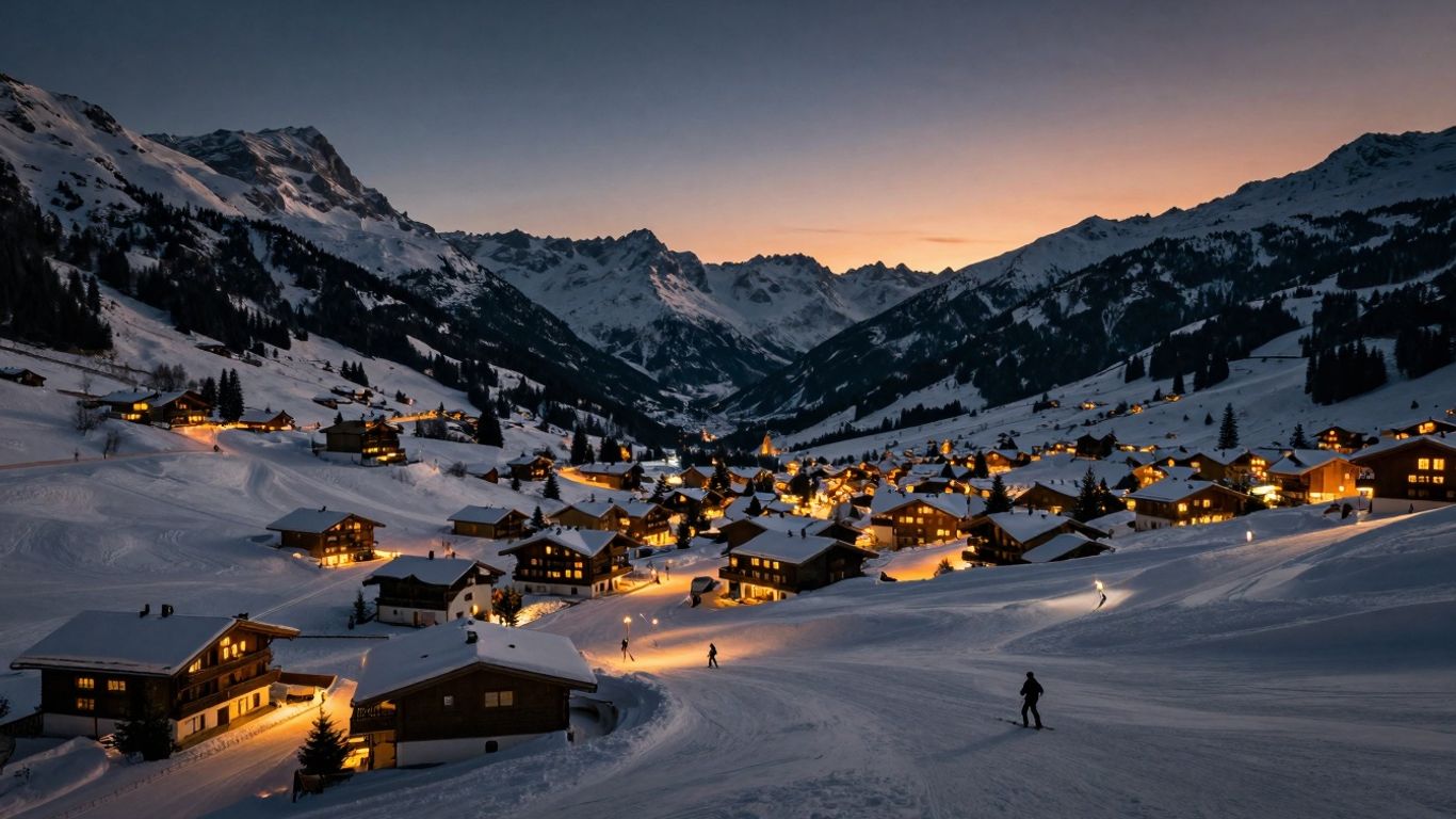 Snowy Verbier mountains at dusk with lit chalets.