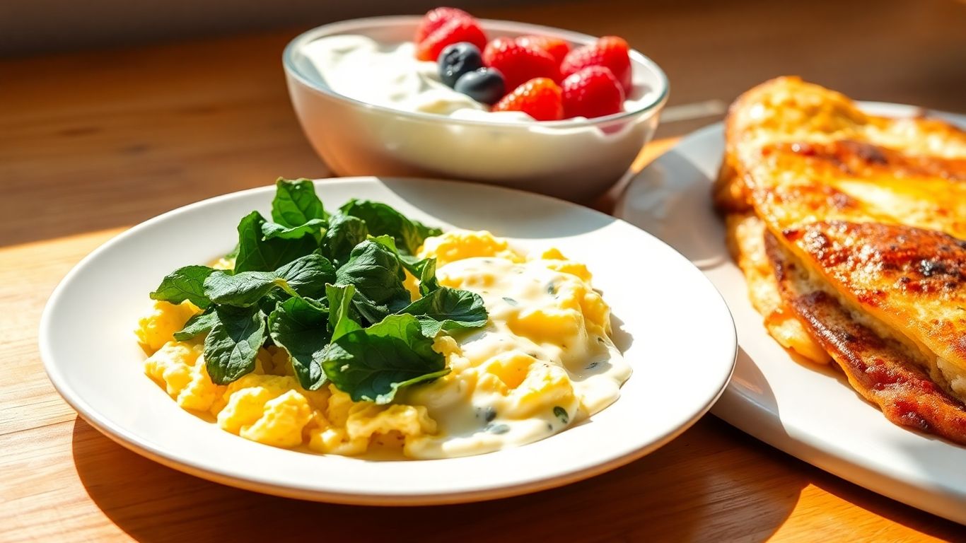 High protein breakfast dishes with eggs, yogurt, and omelets.