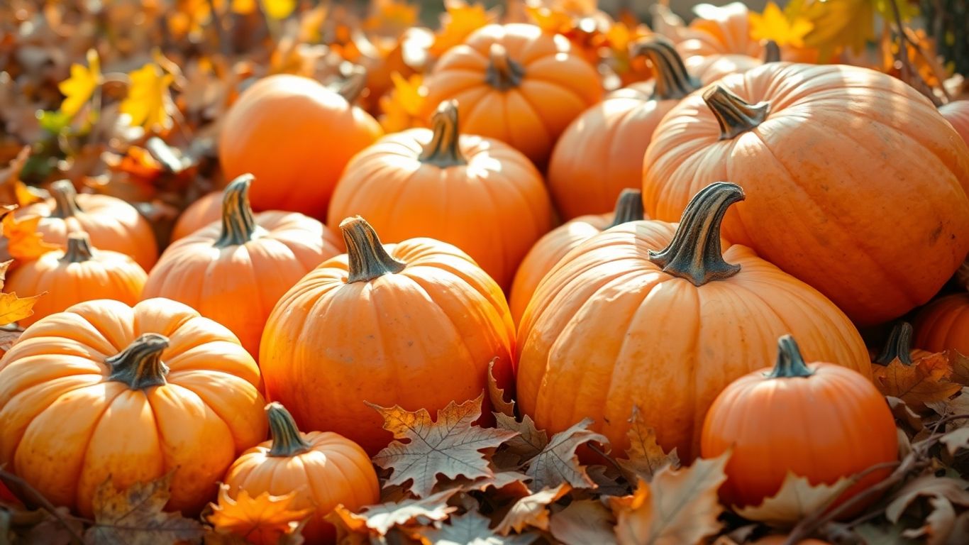 Orange Kürbisse im Herbstlaub mit warmem Sonnenlicht.
