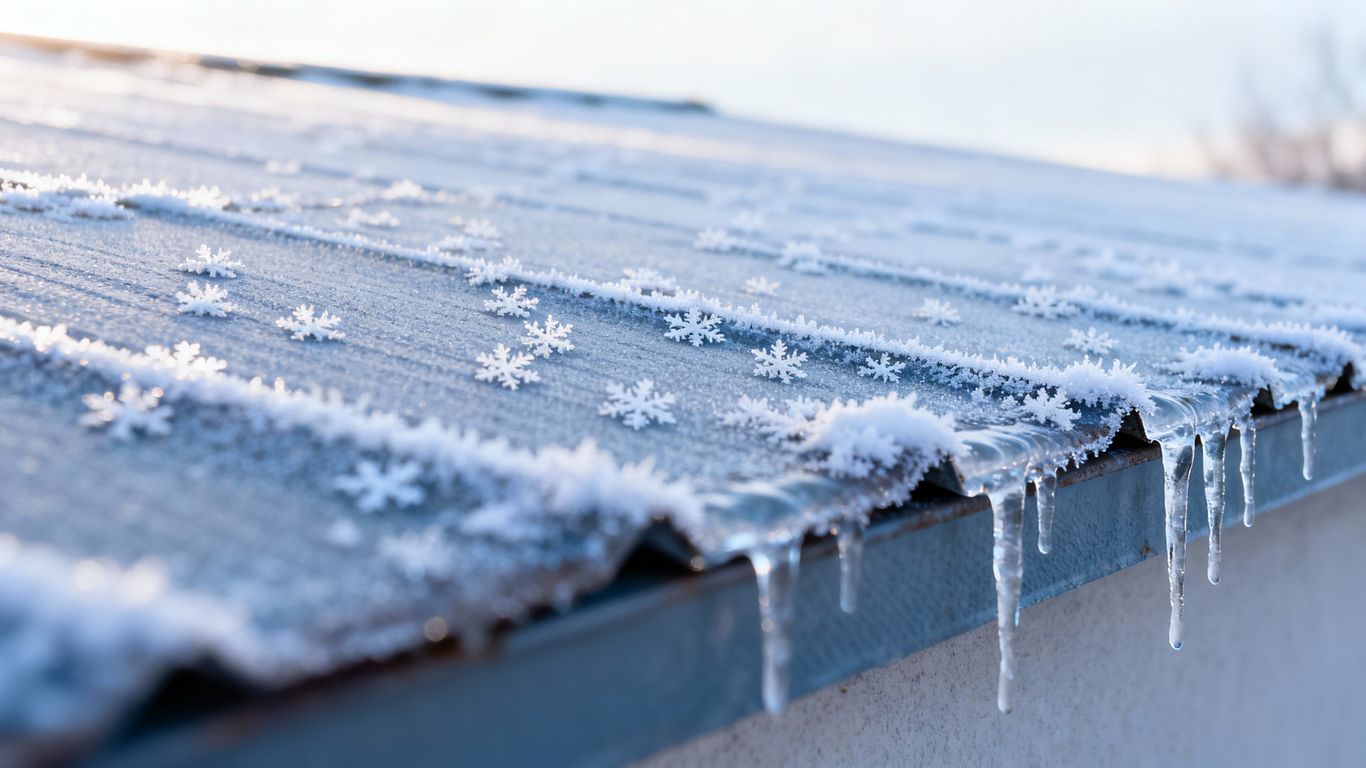 Flat roof with frost and icicles in winter.