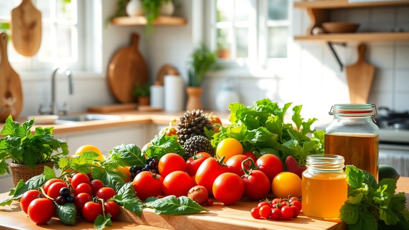 Fructe și legume proaspete pe o masă de bucătărie.