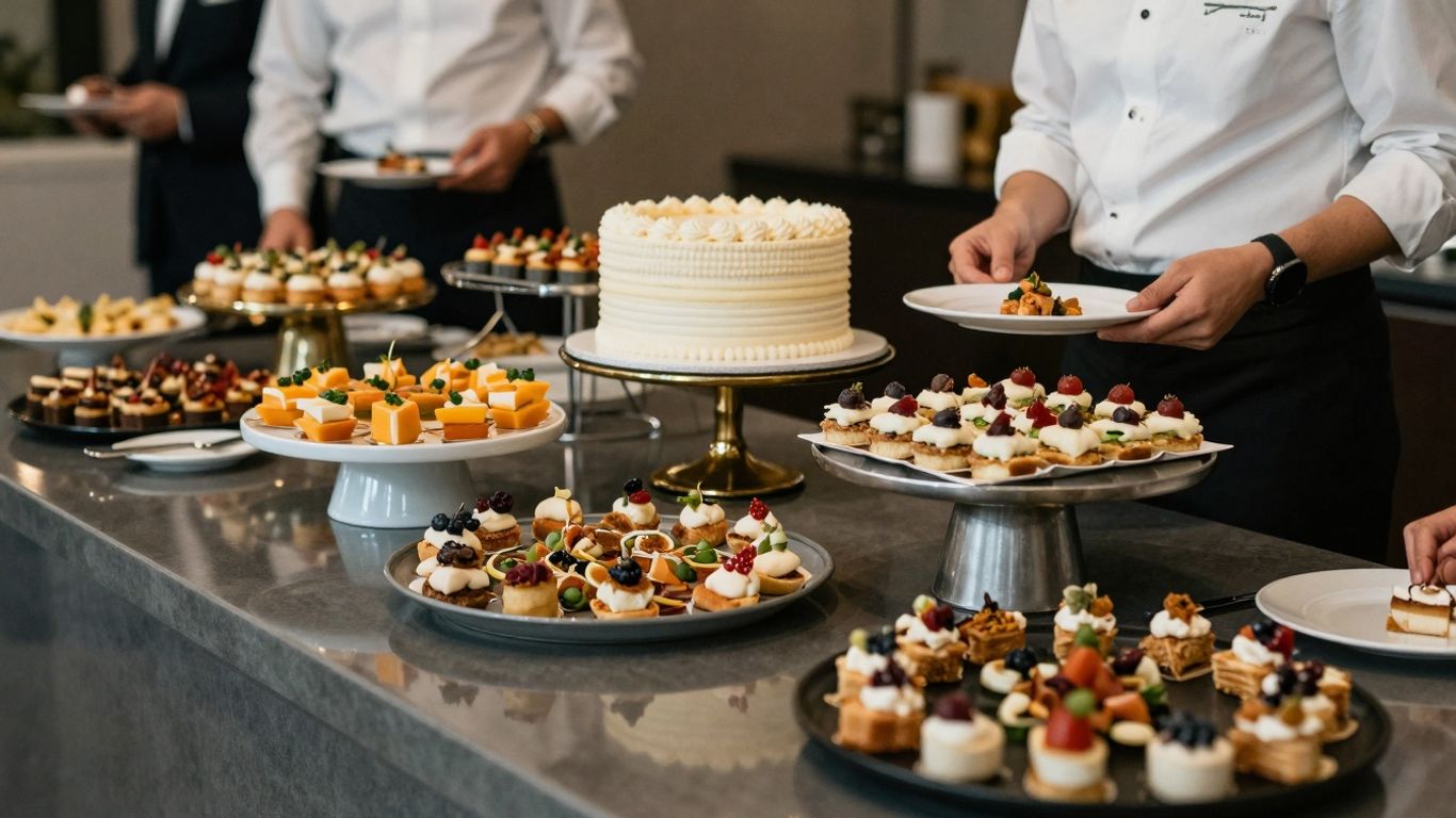 Elegant catering spread with food and staff at an event.