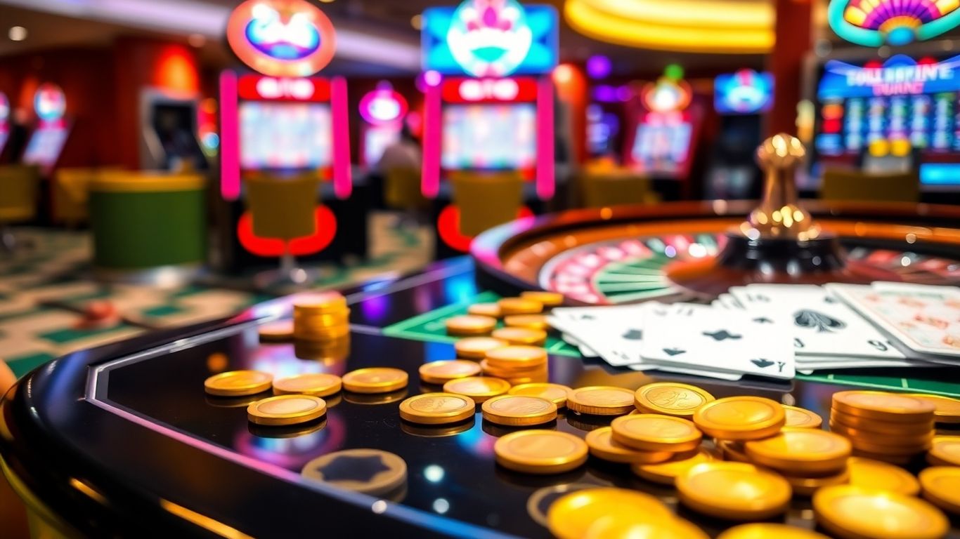 Casino chips and playing cards on a table
