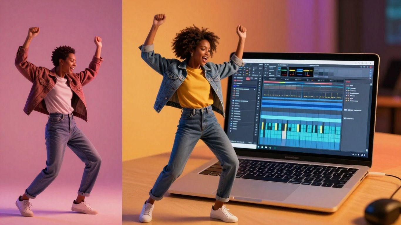 Person dancing near laptop with music software.