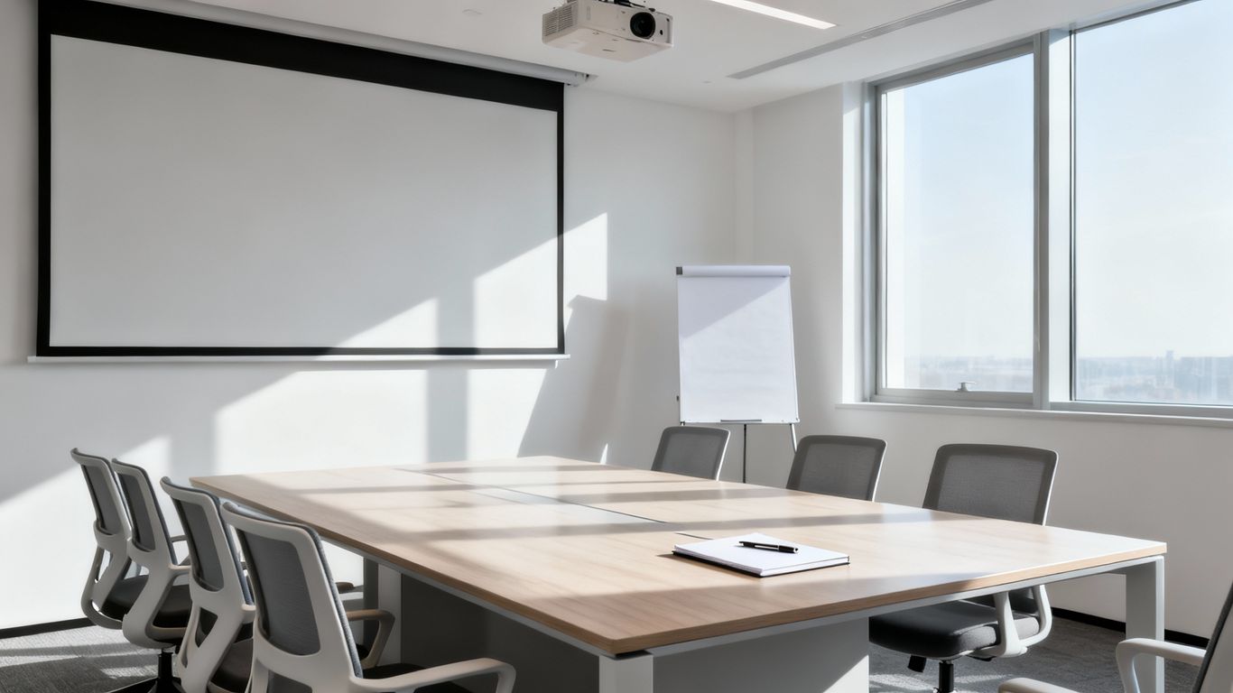 Modern meeting room with table, chairs, and projector.
