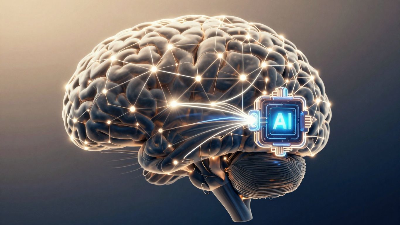 Human brain and AI core connected by light.