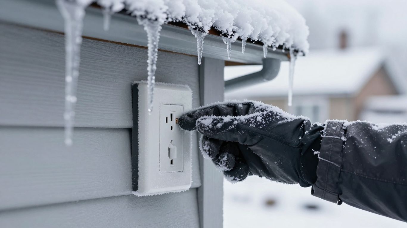 Gloved hand inspects frosted outdoor electrical outlet in winter.