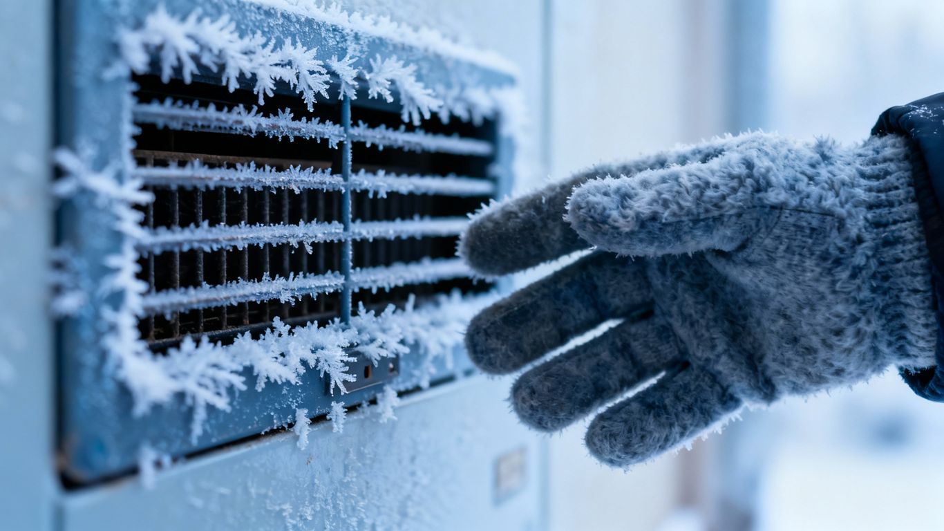 Frosty furnace vent with a gloved hand nearby.