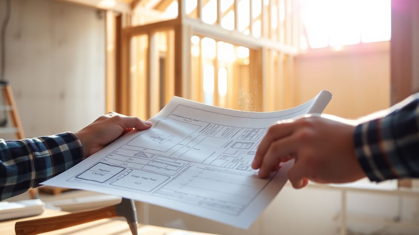 Contractor's hands holding blueprint with tools and structure.