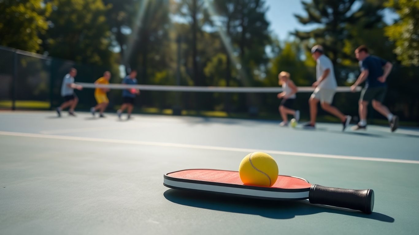 Pickleball court with paddle and ball.