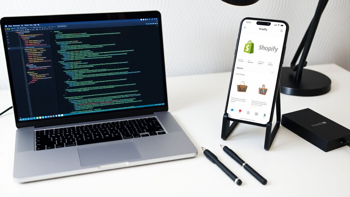 Local Shopify development environment setup on a desk.