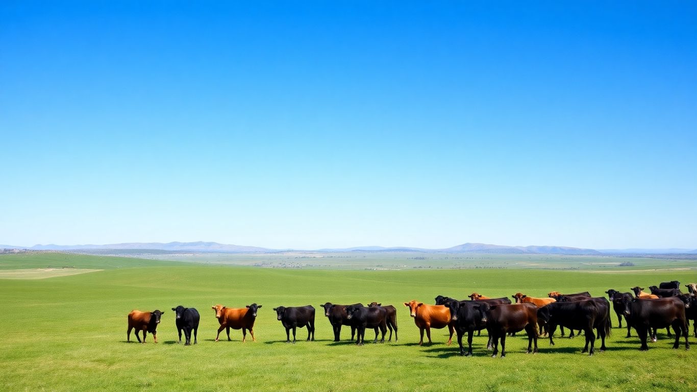 Australian cattle grazing in green pastures under a blue sky.