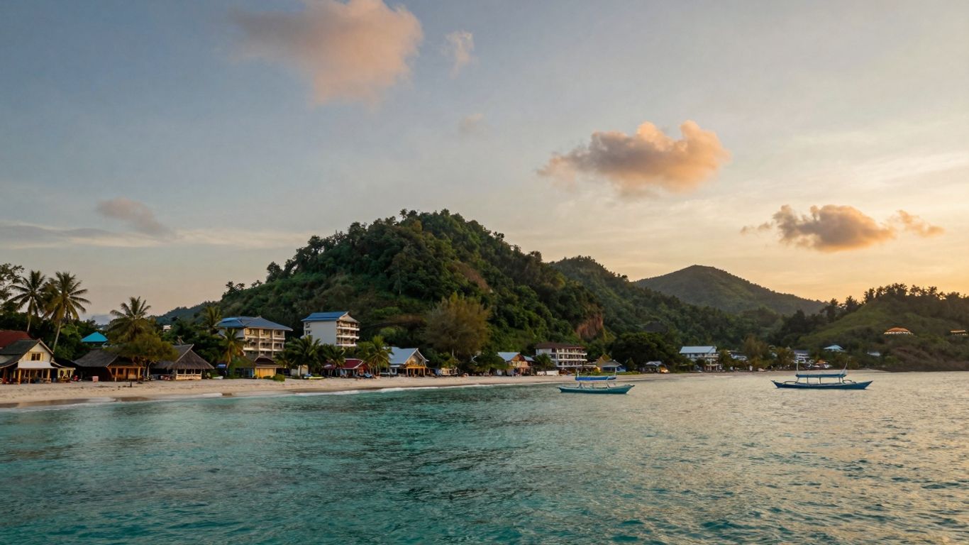Labuan Bajo coastline with resorts and traditional boats.