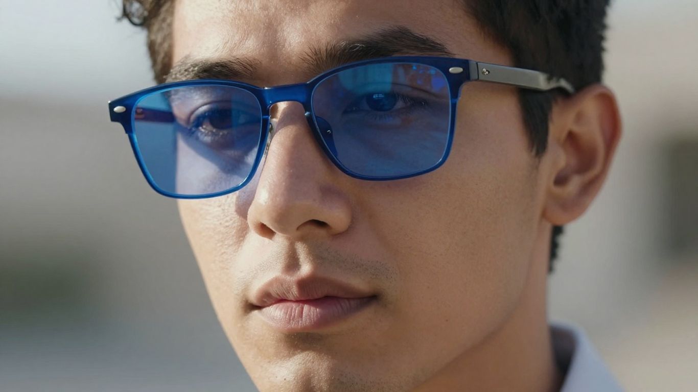 Óculos filtro luz azul em close-up com fundo desfocado.