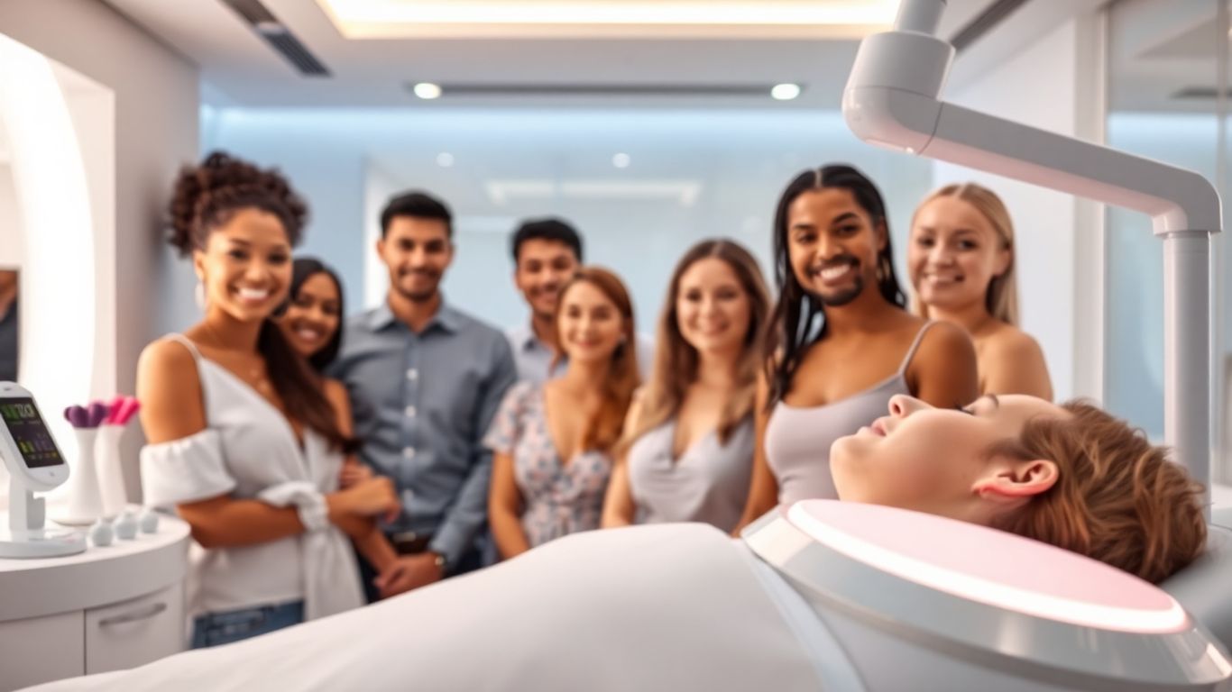 Modern aesthetic clinic interior with smiling people and equipment.