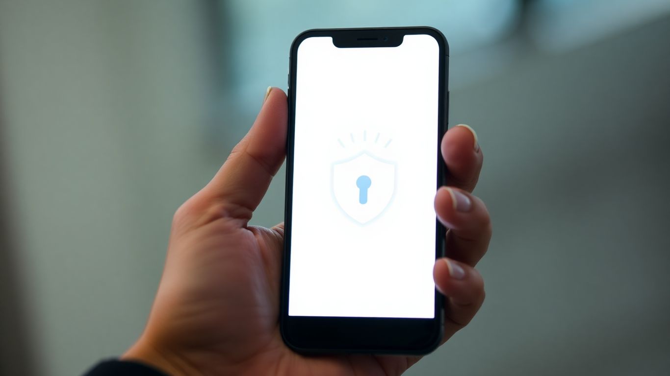 Mão segurando celular com cadeado e escudo.
