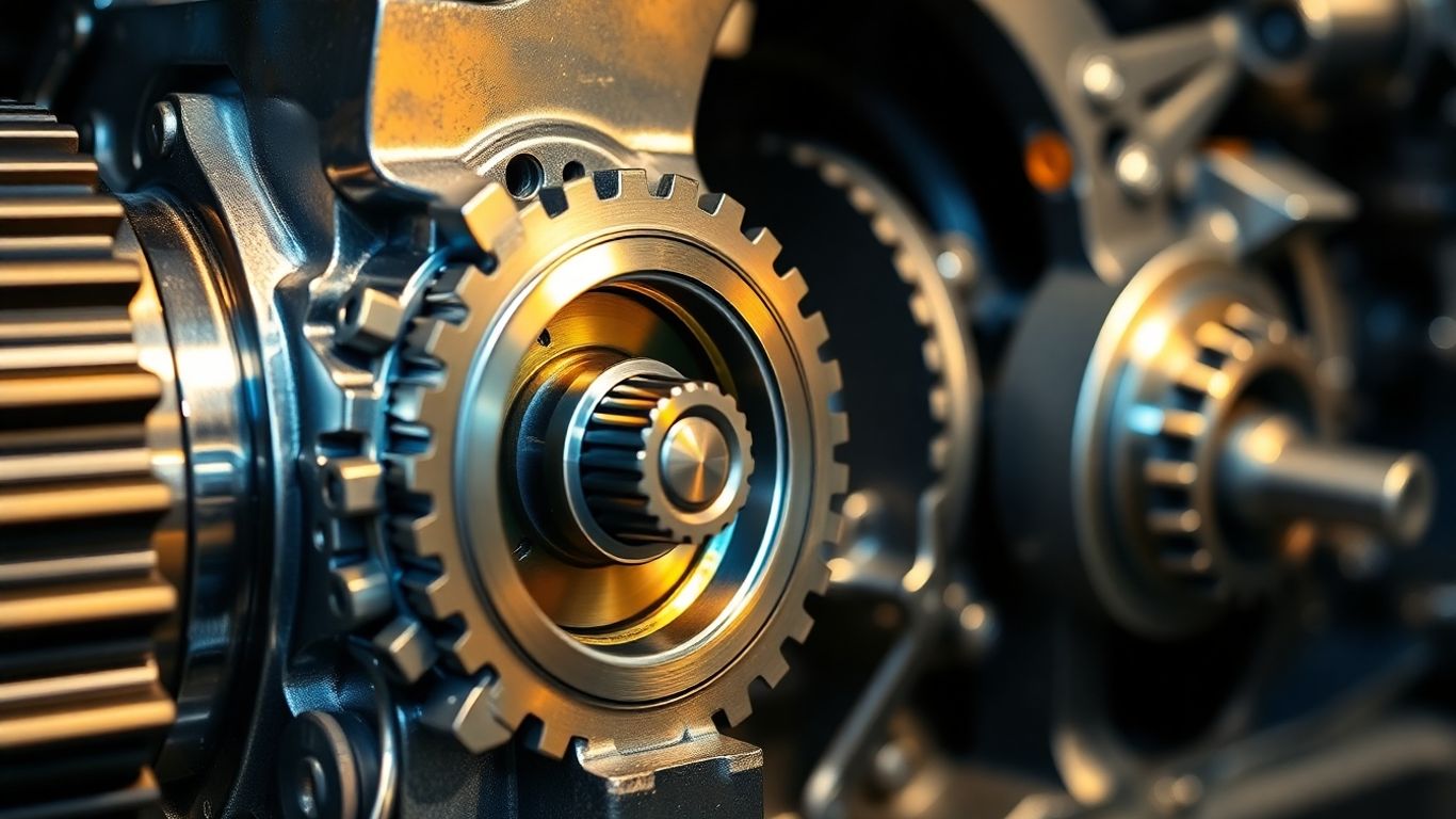 Automotive gearbox with intricate gears and metal components.