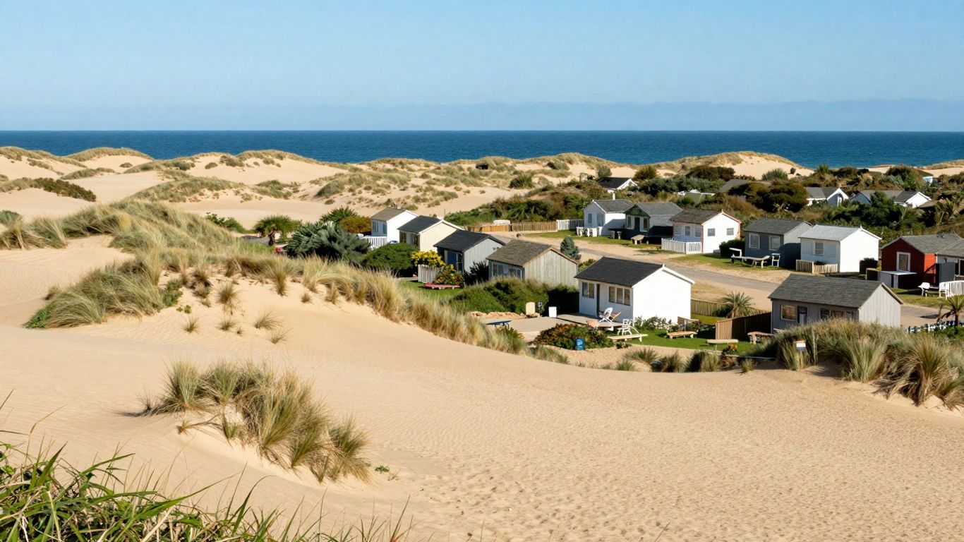 Coastal dunes and holiday park near the sea.