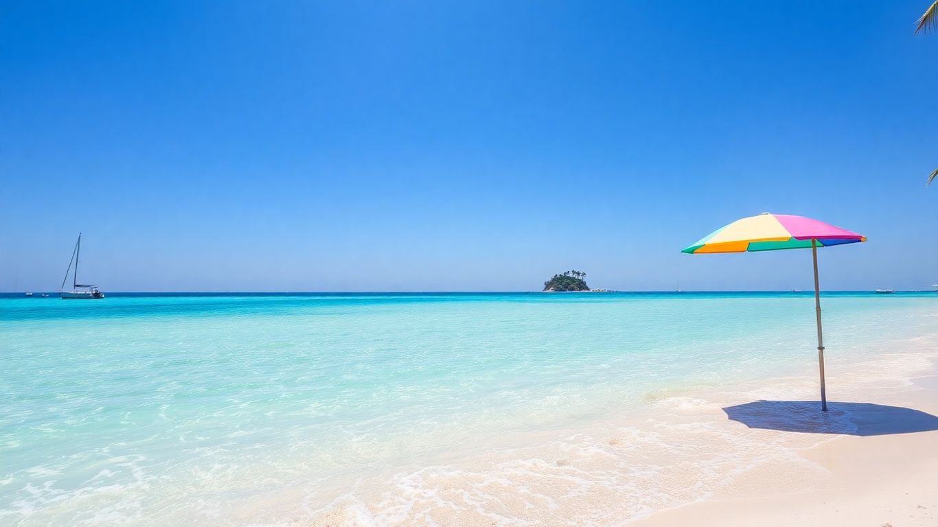 Beach with palm trees and clear blue water.