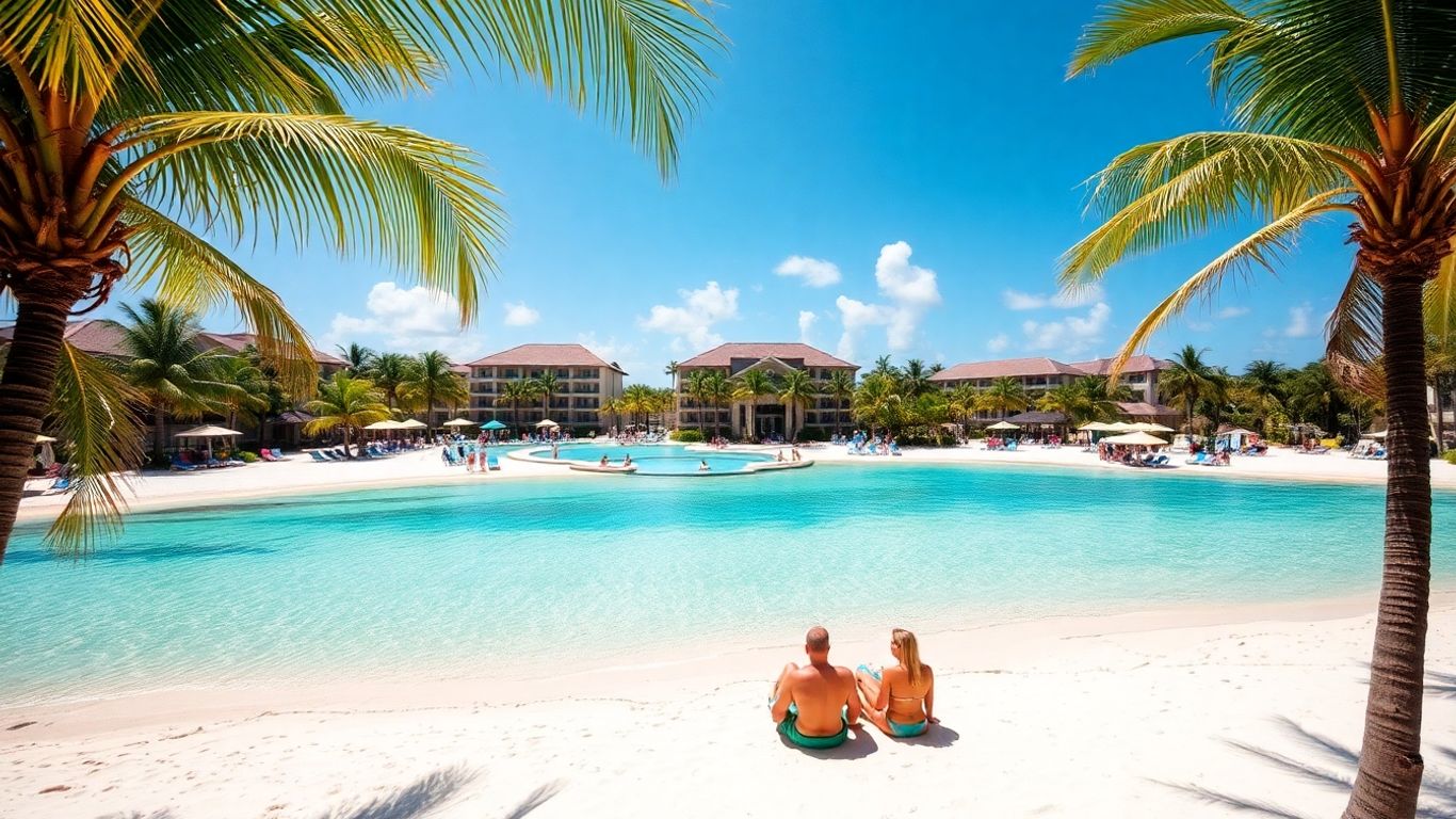 Tropical beach with resort and clear blue water.