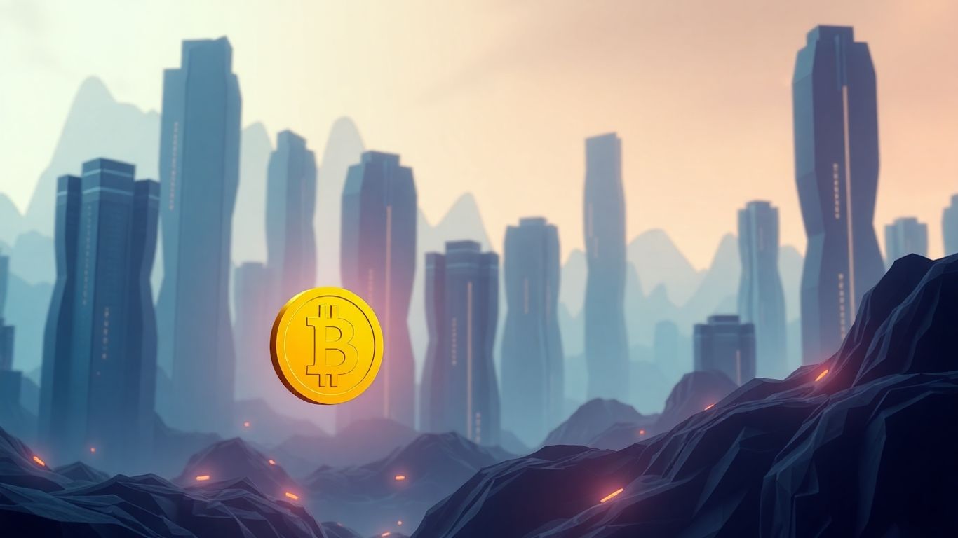 Digital landscape with cryptocurrency coin and financial towers.