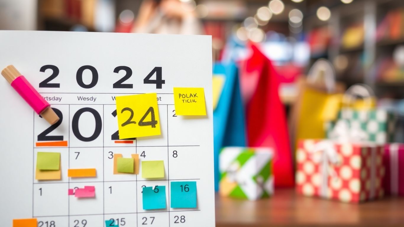 Retail calendar with colorful markers and shopping bags.