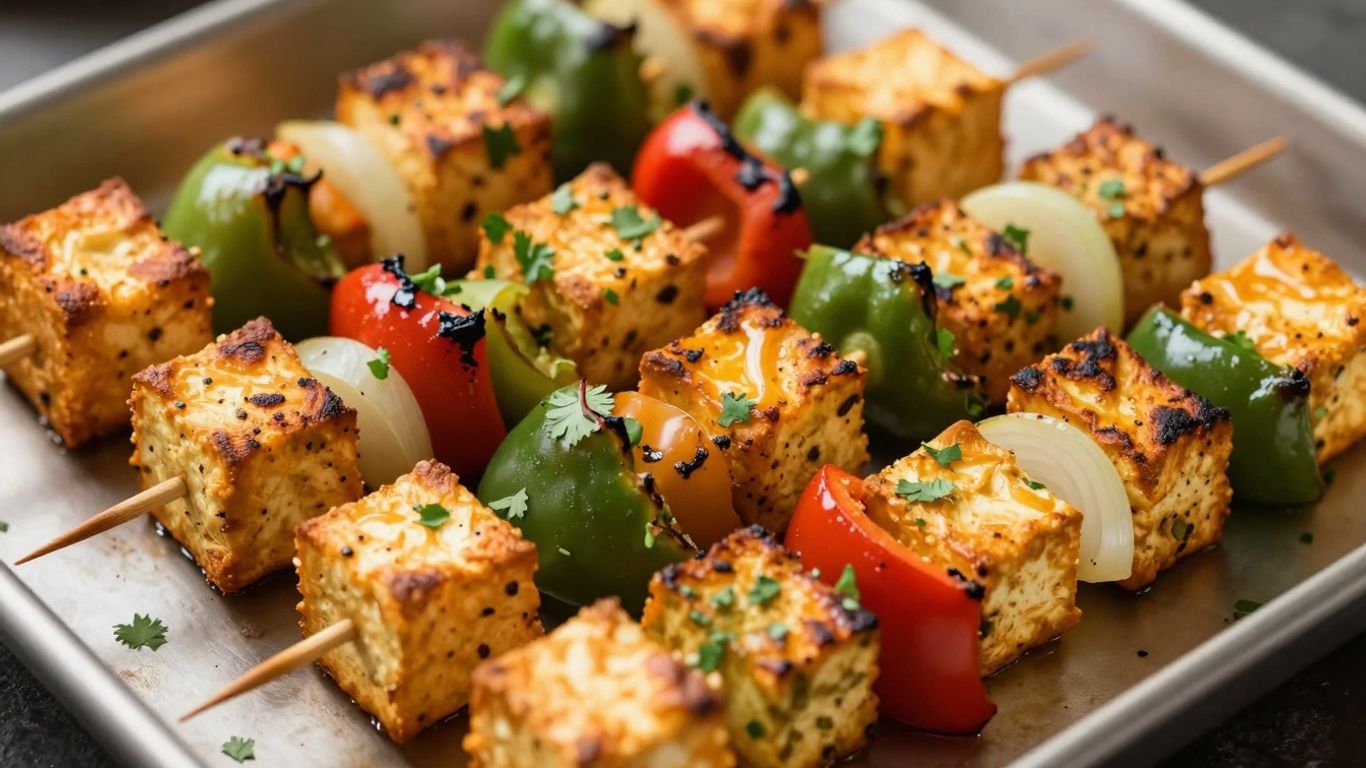 Oven-baked paneer tikka with vegetables on skewers.