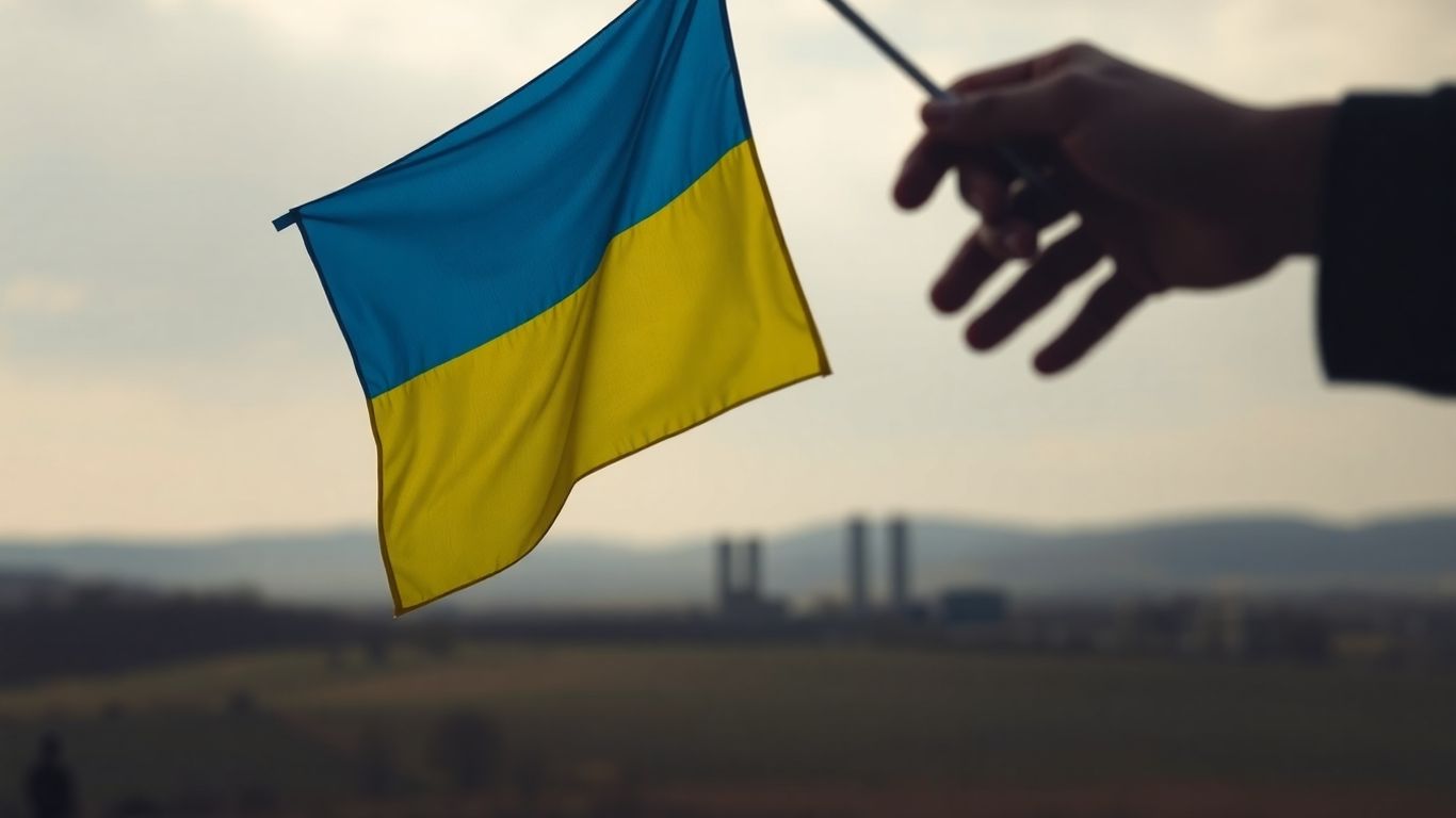 Ukrainian flag lowered, shadowy hand reaching.