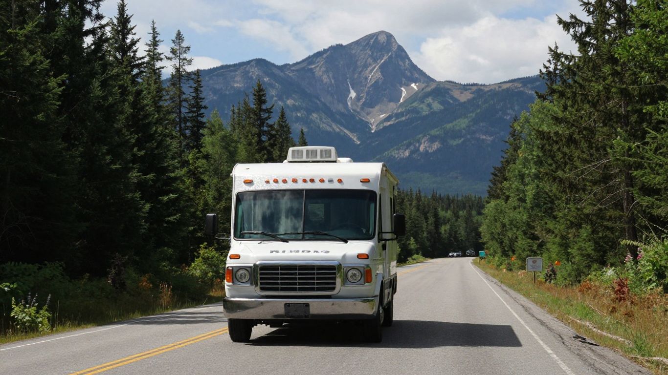 Motorhome on scenic Canadian highway with mountains.