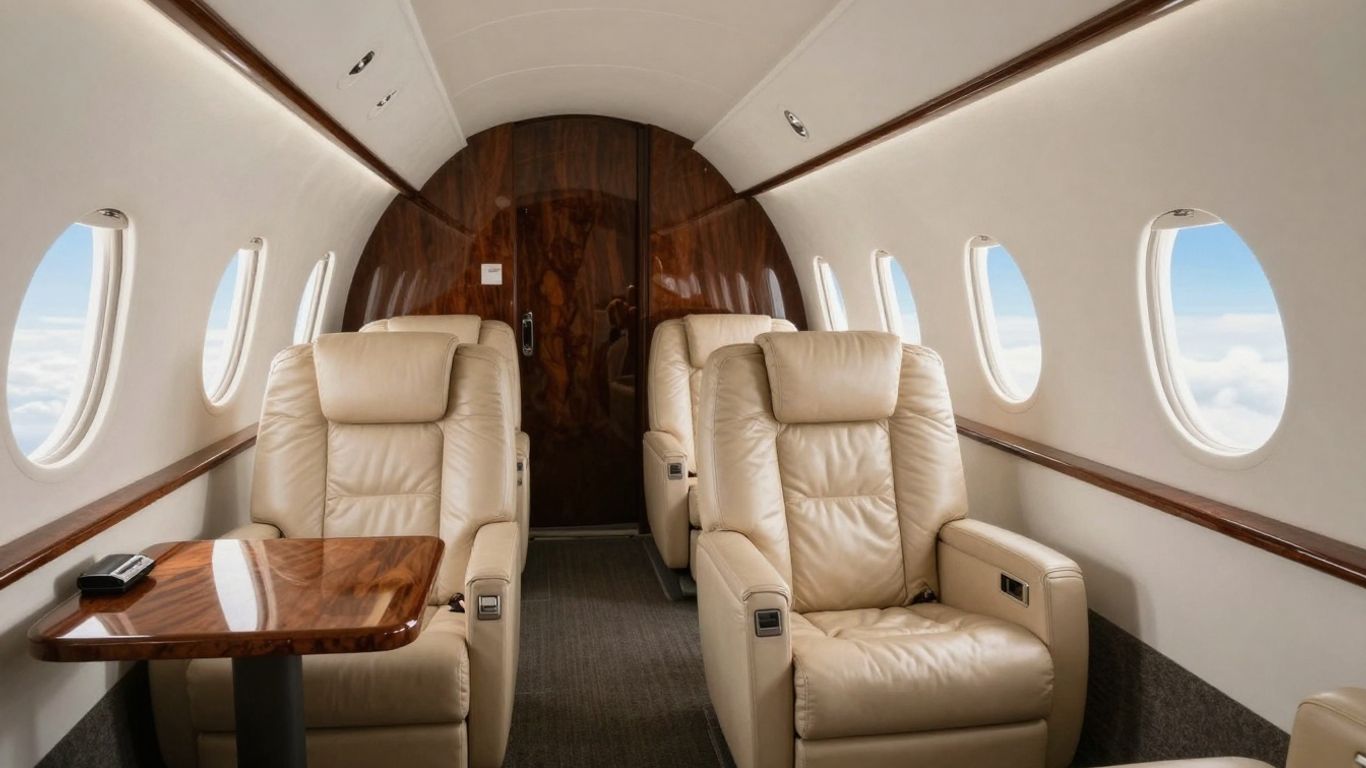 Luxurious private jet interior with plush seating and sunlight.