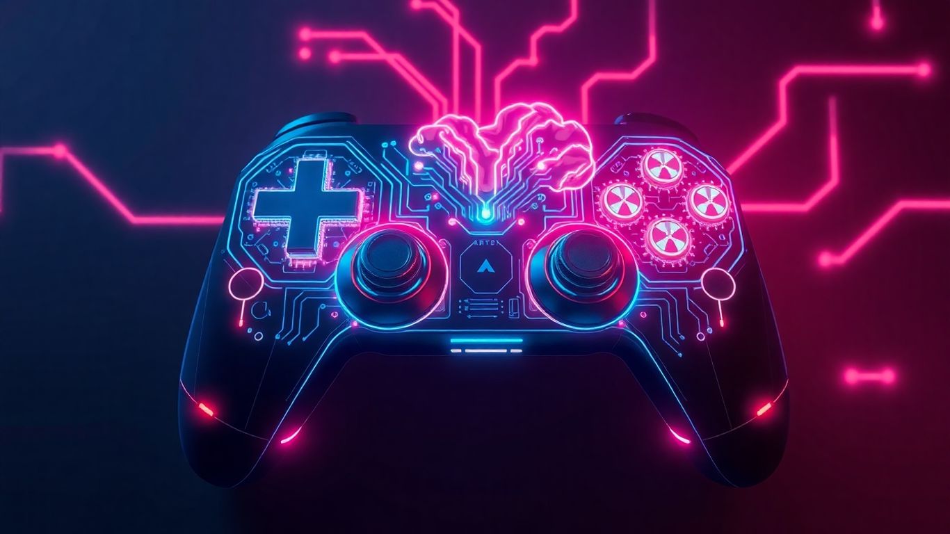 Controlador de jogo futurista com circuitos e cérebro digital
