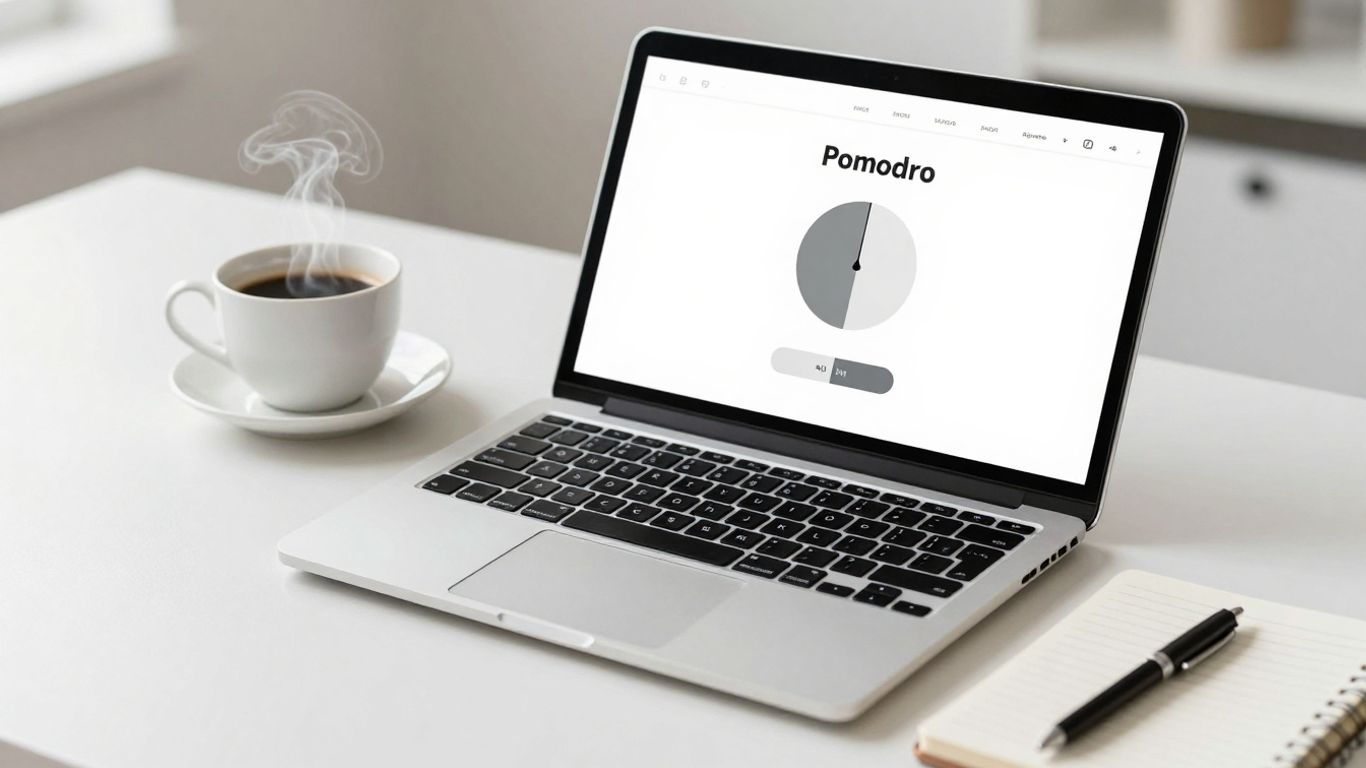 Minimalist Pomodoro timer on a laptop screen.