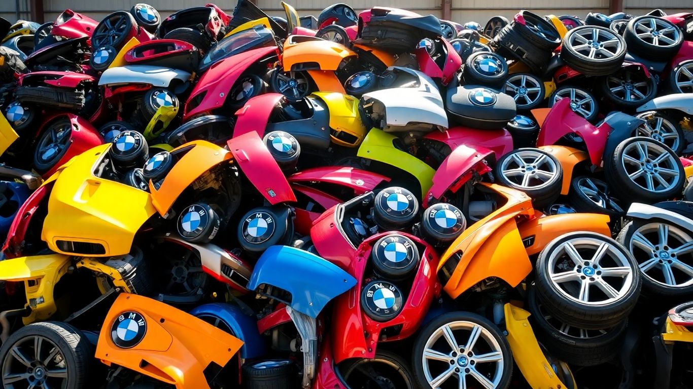 Dismantled BMW car parts in a recycling facility.