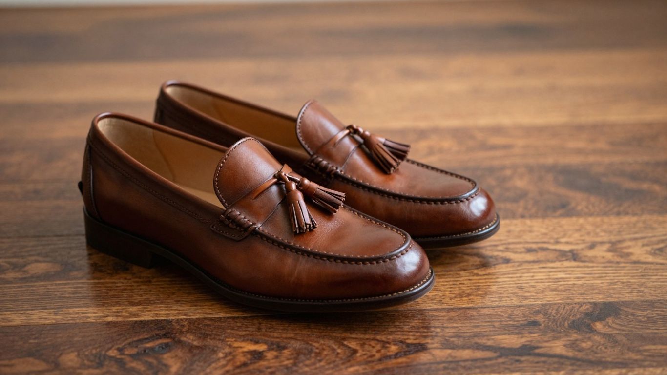 Classic brown leather tassel loafers on a wooden floor.