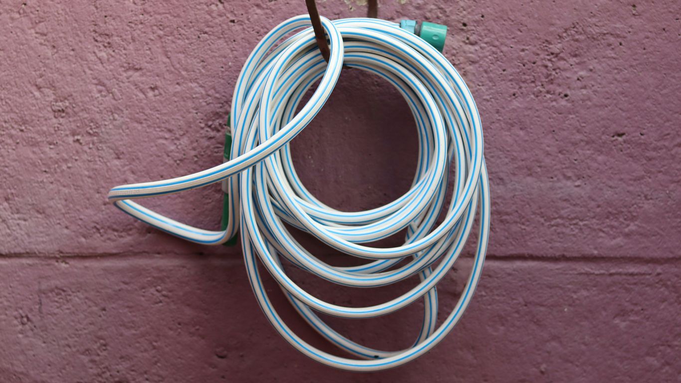 A white hose is coiled and hung on a wall.