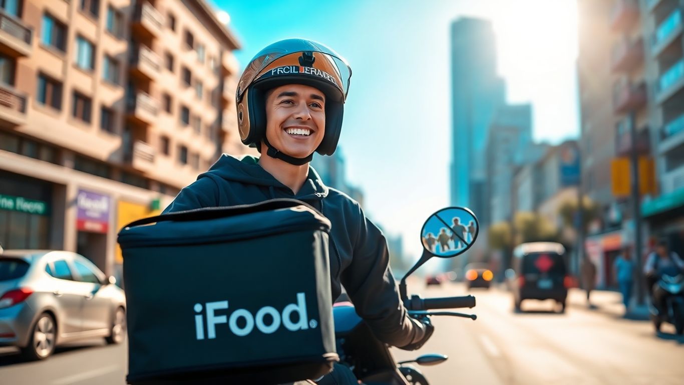 Entregador do iFood sorrindo em uma moto na cidade.