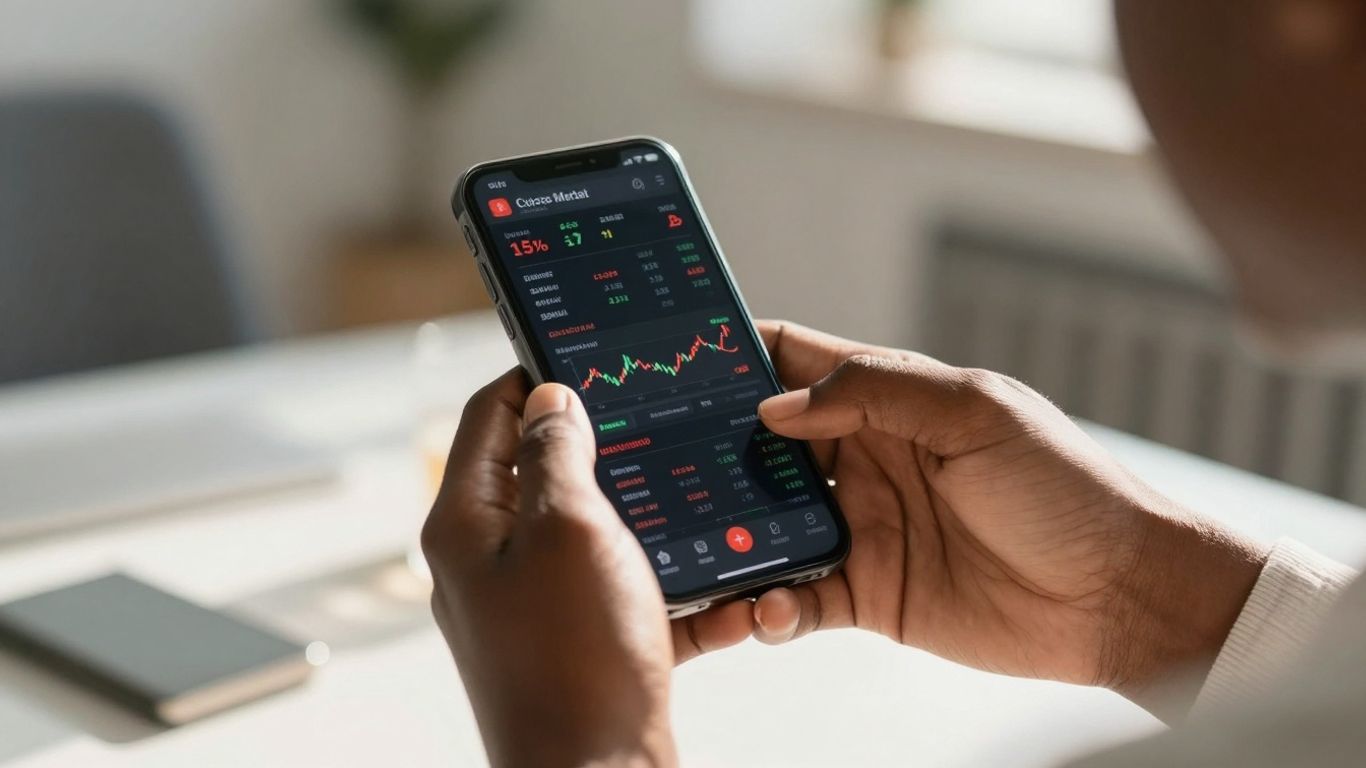 Hands holding smartphone with stock market data.