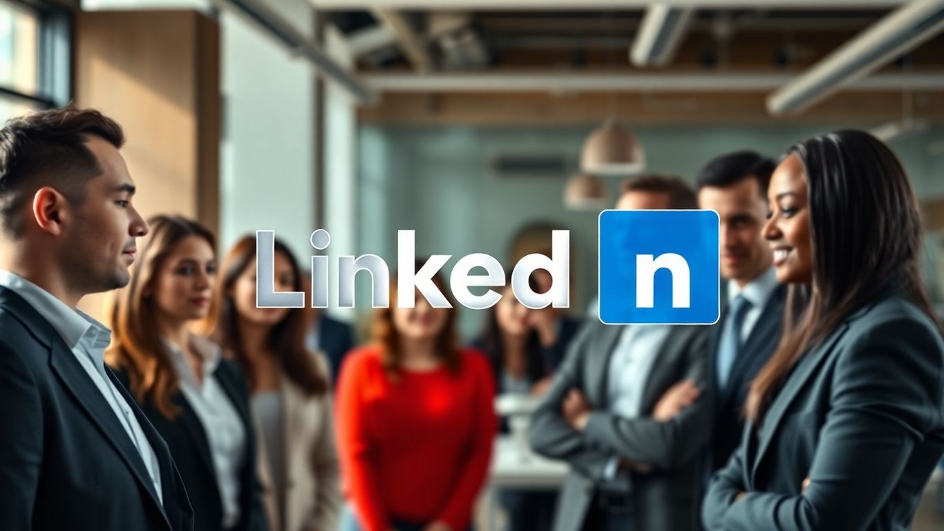LinkedIn logo with professionals in a modern office.