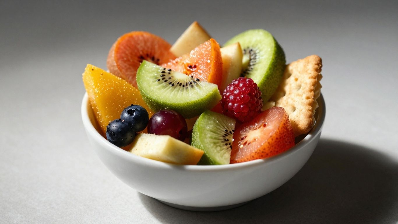 Assortment of colorful low-calorie snacks in a bowl.
