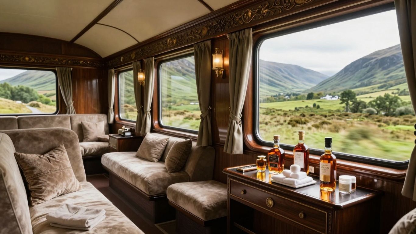 Luxury train carriage with whisky and spa, scenic Scottish Highlands view.