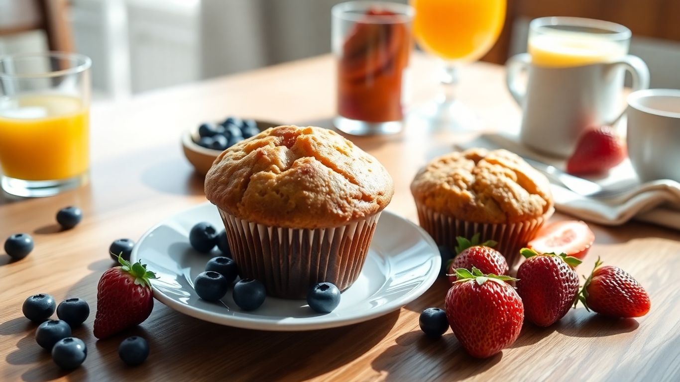Protein muffins with fruit and orange juice breakfast