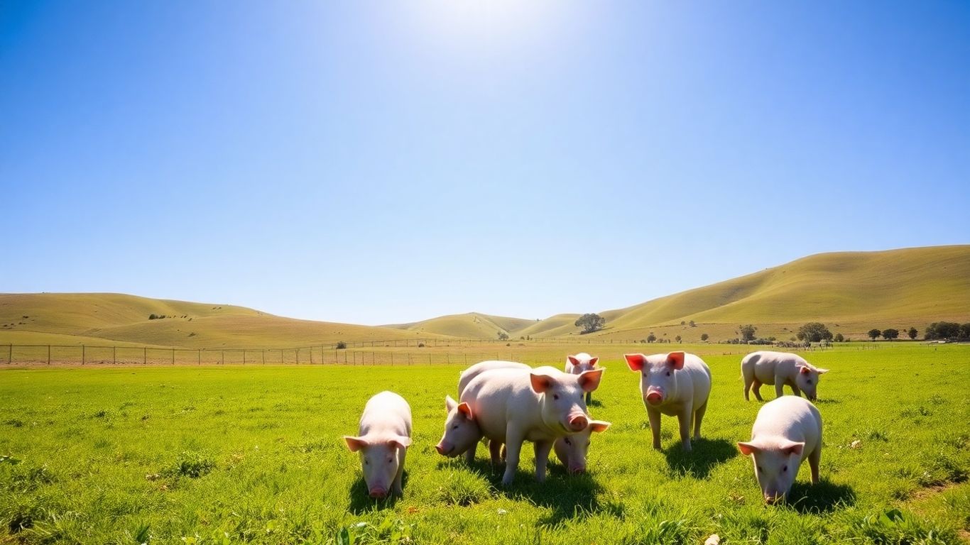 Australian pigs grazing in a sunny, open field.