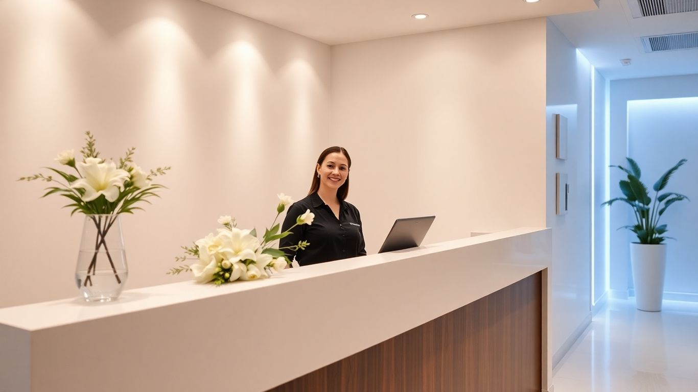 Aesthetic clinic reception desk with a smiling receptionist.