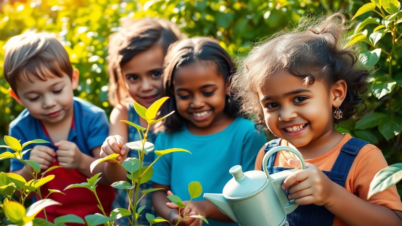 Copii învățând despre natură și ecologie în aer liber.